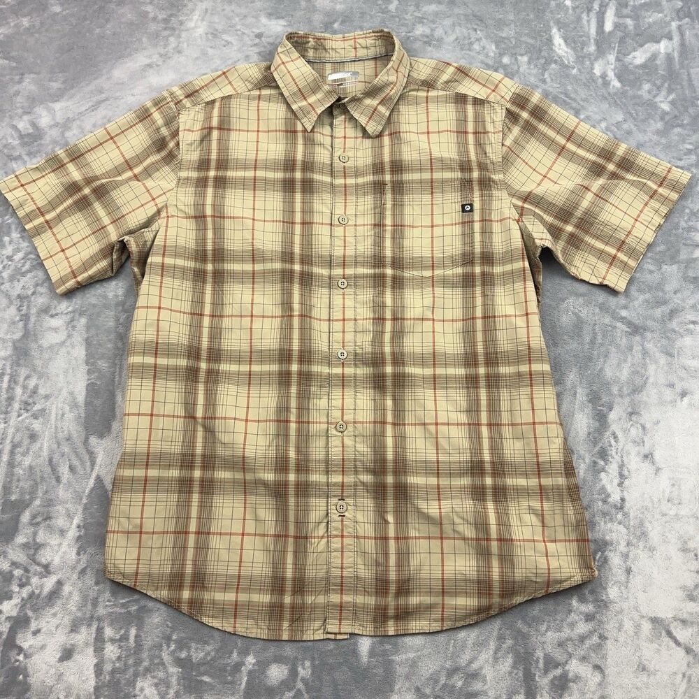 Marmot Shirt Mens Size L Beige Plaid Short Sleeve Button Up Nylon Hiking Outdoor